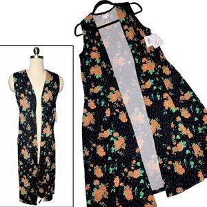LuLaRoe Joy Vest Floral Small NEW Black Orange Chenielle Longline Duster Open